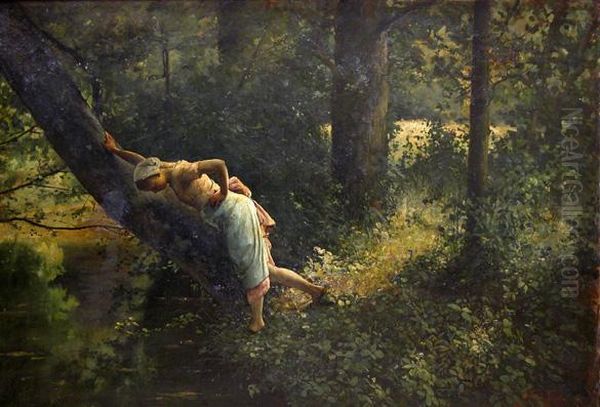 Meisje Aan Een Bosvijver. (brasschaat, '67) Oil Painting by Jan Frans Simons