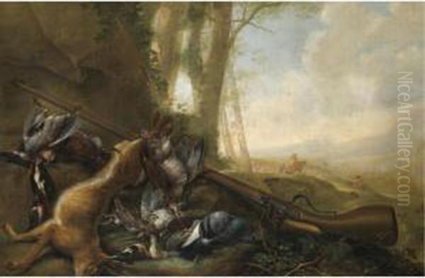 A Still Life With Dead Game, A Hare And A Gun, In A Landscape Oil Painting by Michiel Simons