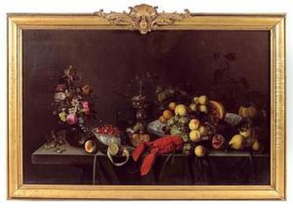 Nature Morte Au Homard, Fruits Et Bouquet De Fleurs Sur Un Entablement Oil Painting by Michiel Simons