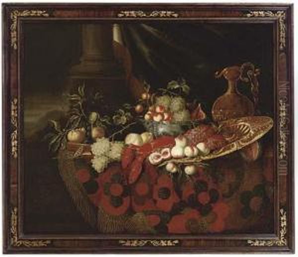 A Glass, A Chinese Bowl, A Ewer, A Salver, Grapes, Peaches, Figs, Lemons And A Lobster Oil Painting by Michiel Simons