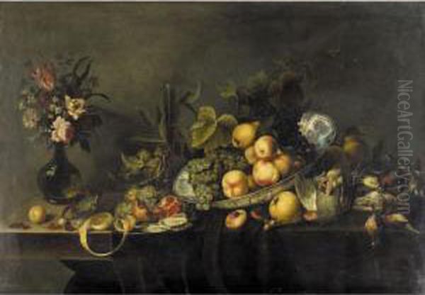 Still Life Of Peaches And Grapes
 In A Porcelain Dish, A Partly Peeled Lemon, An Open Pomegranate And 
Loose Cherries, Along With Dead Game, Oysters And Hazelnuts, All 
Arranged On A Partly Draped Stone Table Oil Painting by Michiel Simons