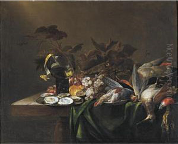 Still Life With Game Birds, A Plate Of Oysters, And Grapes All Resting On A Draped Table Oil Painting by Michiel Simons