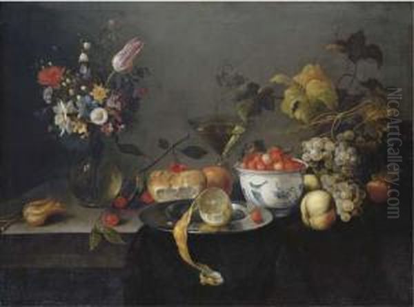 A Tulip, A Carnation, An Iris 
And Other Flowers In A Glass Vase, Wild Strawberries In A Wan-li 'kraak'
 Porselain Bowl, A Partly-peeled Lemon On A Pewter Platter With 
Cherries, An Orange, A Wine Glass, Apples And Grapes On A Draped Ledge Oil Painting by Michiel Simons