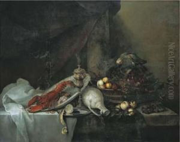 Homard, Perroquet, Panier De Fruits Et Divers Objets Sur Un Rebord En Pierre Oil Painting by Michiel Simons