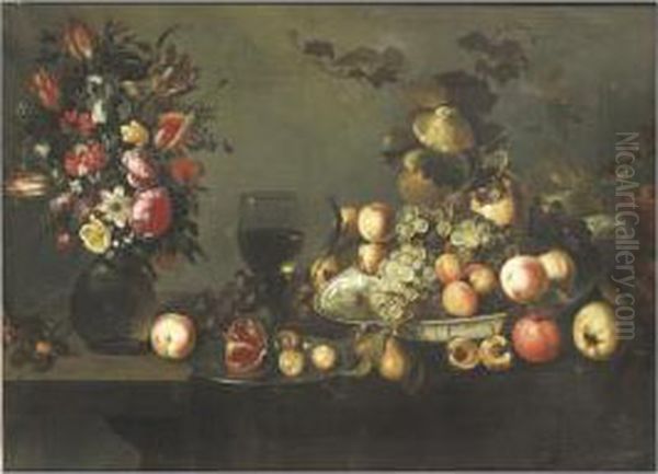 Nature Morte Au Bouquet De Fleurs, Plat De Fruits Et Roemer Oil Painting by Michiel Simons