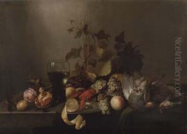 A Rose, A Pomegranate, A Glass 
Flute, Grapes, A Partly Peeled Lemonon A Silver Plate, A Roemer, A 
Lobster, Peaches, A Pheasant Andother Birds On A Partly-draped Table Oil Painting by Michiel Simons