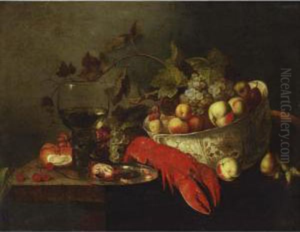 A Still Life With Grapes, 
Apples, And Peaches In A Wan-li Bowl, A Lobster, Crayfish On A Pewter 
Plate Together With A Roemer, A Bun, Grapes And Cherries On A Table 
Draped With A Cloth Oil Painting by Michiel Simons