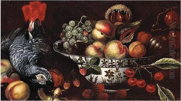 Still Life Of Peaches, Figs, 
Grapes And Plums In A Blue And White Porcelain Bowl, Together With Other
 Fruit And A Grey Parrot Oil Painting by Michiel Simons