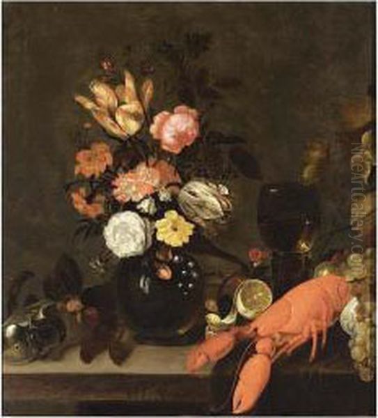 A Still Life With Tulips, Carnations, Roses, Lilies-of-the-valley In A Oil Painting by Michiel Simons