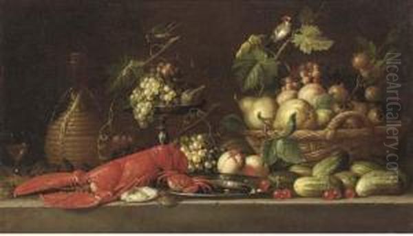 A Lobster, A Crab On A Pewter 
Plate, A Bunch Of Grapes And A Fig In A Tazza, A Wicker Basket With 
Fruit Oil Painting by Pseudo Simons