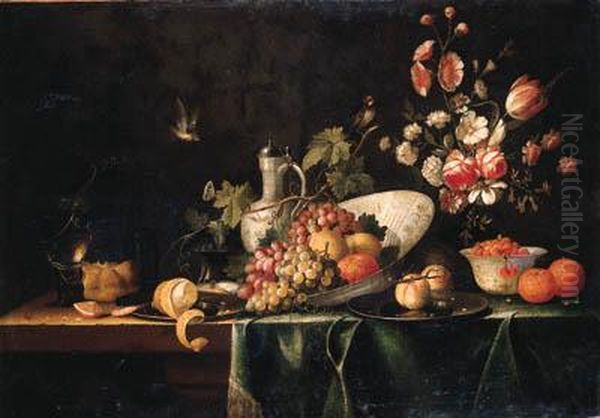 Grapes, Lemons And An Orange In A
 Wan-li Dish, Fraises-des-bois Ina Klapmuts, Peaches And A Peeled Lemon,
 An Oyster And A Prawn Onpewter Plates, A Bun, A Berkemeyer, Oranges, A 
Salt Cellar, Anearthenware Jug And Flowers In A Vase On A Draped Table,  Oil Painting by Pseudo Simons