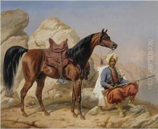 Arab Warrior And His Steed Oil Painting by Niels Simonsen