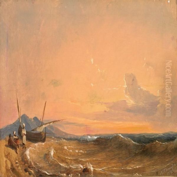 Three Arabs At Their Boat Oil Painting by Niels Simonsen