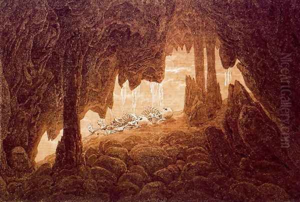 Skeletons in a Cave with Stalacties Oil Painting by Caspar David Friedrich