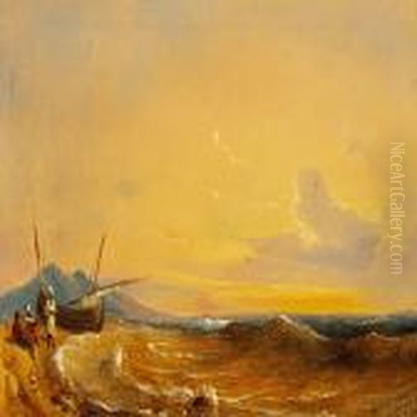 Three Arabs At Their Boat Oil Painting by Niels Simonsen