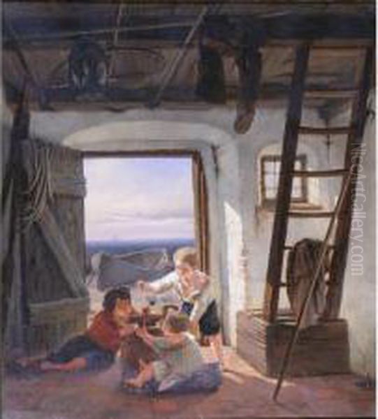 Jeu D'enfants - 1835 - Hst - Sbd, Situee Munchen Et Datee - 47 X 42 Cm Oil Painting by Niels Simonsen