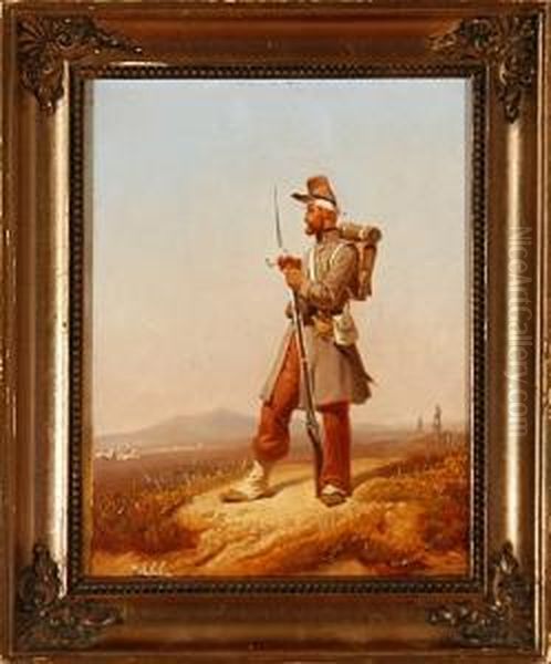 A Smoking Soldier Is Looking Over The Landscape Oil Painting by Niels Simonsen