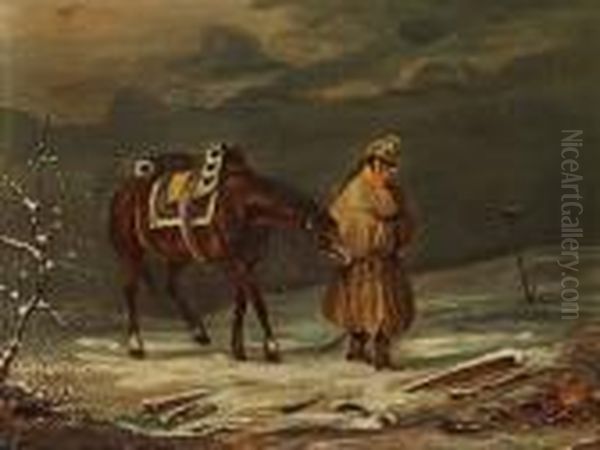 A Horseman In The Snow Oil Painting by Niels Simonsen