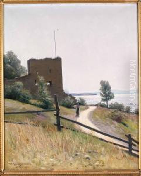 Dam Med Parasoll, Visby Oil Painting by Karl Konrad Simonsson