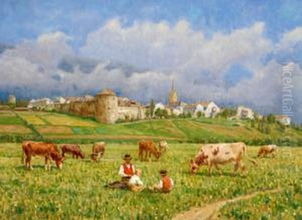 Idillio Pastorale Con Paesaggio Rurale Sullo Sfondo Oil Painting by Stefan Simony