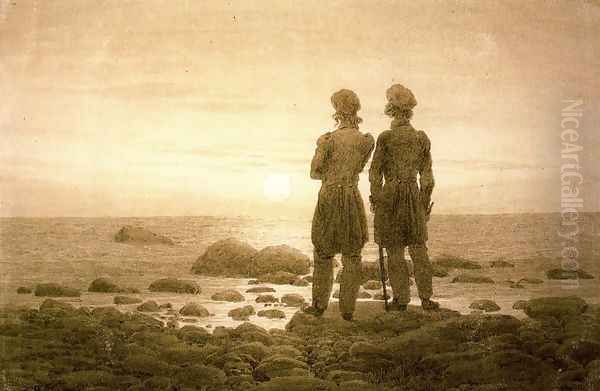 Two men at Moonrise Oil Painting by Caspar David Friedrich