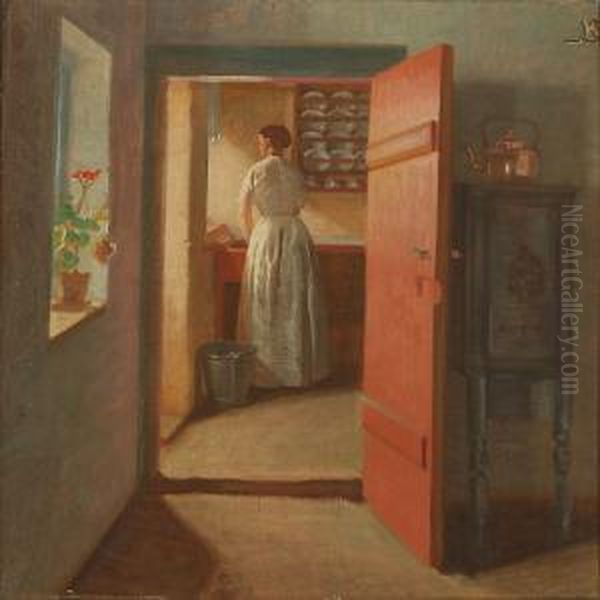 Interior With A Woman Oil Painting by Knud Sinding