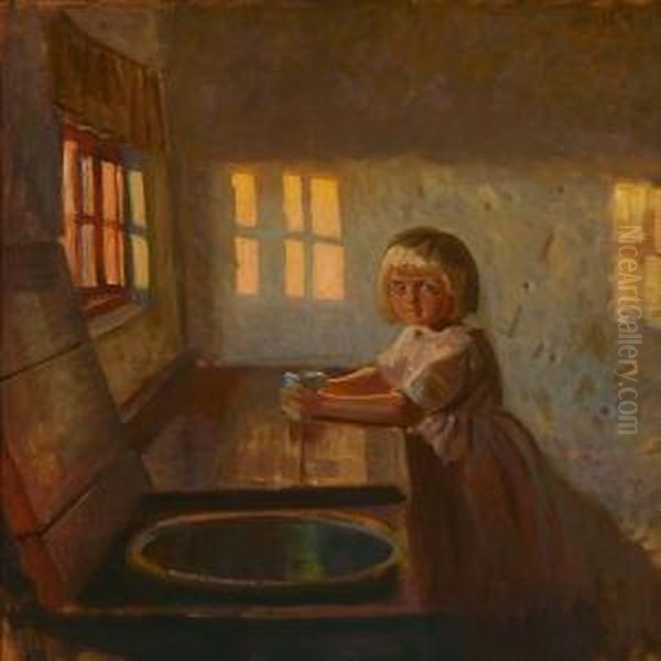 Interior With Girl In Apink Dress Oil Painting by Knud Sinding