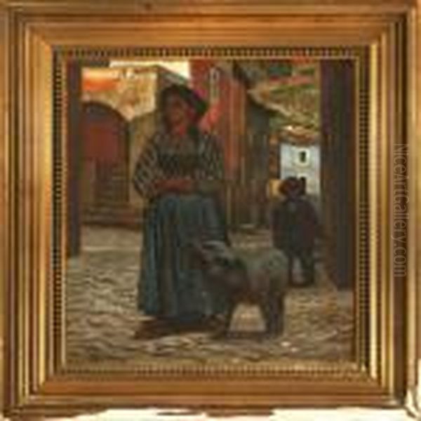 Street Scene With Italian Woman With A Black Pig In A Gateway Oil Painting by Knud Sinding