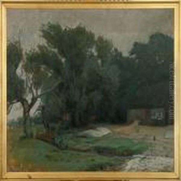 Summer Landscape With Afarm Oil Painting by Knud Sinding