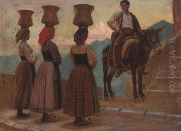 Watercarriers On A Hill Path Oil Painting by Knud Sinding