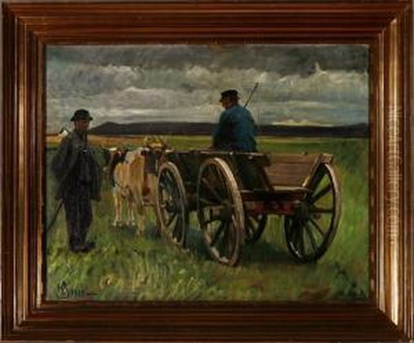 Two Farmers At A Horse Carriage Oil Painting by Knud Sinding