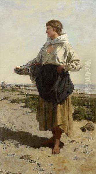 Fiskerjente Pa Strand 1883 1883 Oil Painting by Otto Sinding