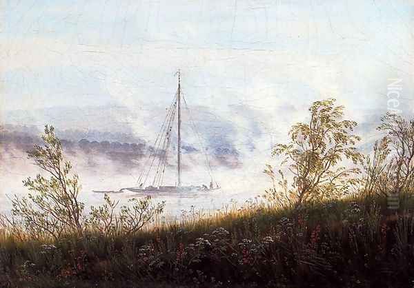 Ship on the River Elbe in the Early Morning Mist Oil Painting by Caspar David Friedrich