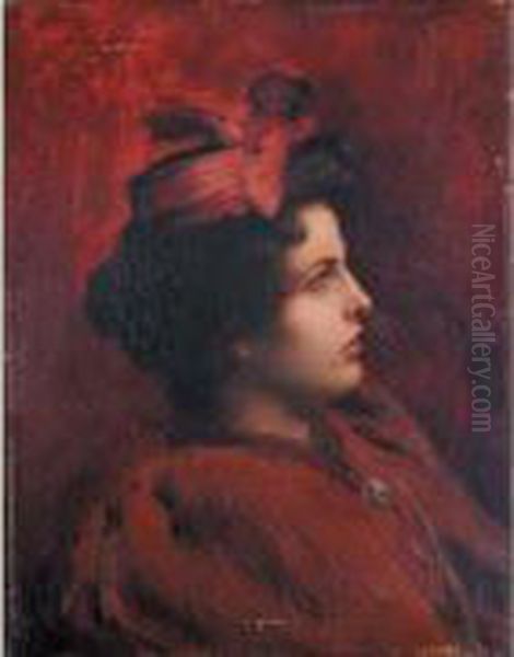 Portait De Jeune Femme Brune En Buste, De Profil, Sur Fond Rouge,
 Avec Des Plumes D'oiseaux Dans Les Cheveux. Oil Painting by Jean Paul Sinibaldi