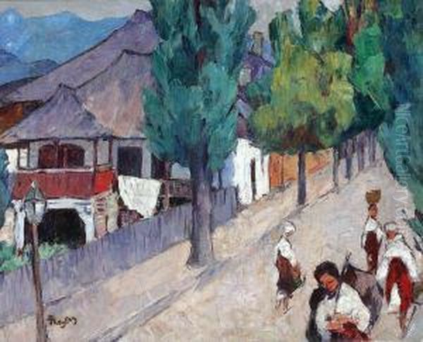 Street From Curtea De Arges Oil Painting by Ion Theodorescu Sion