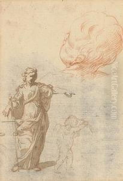 Justice, Holding Scales And A Sword, And Two Subsidiary Studies For A Putto Oil Painting by Elisabetta Sirani