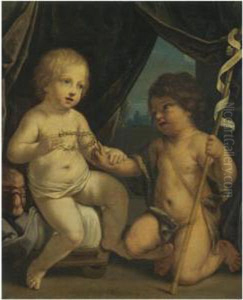 The Infant Jesus Christ Holding A Crown Of Thorns With The Youngst. John The Baptist Oil Painting by Elisabetta Sirani