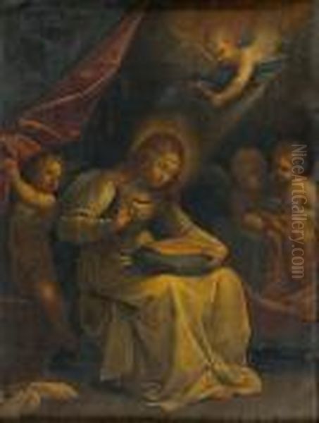 La Vierge Cousant Avec Trois Anges. Oil Painting by Giovanni Andrea Sirani