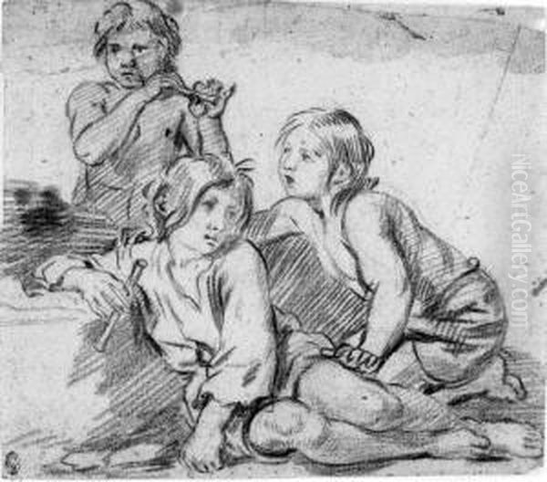 Three Boys Playing The Flute (recto); The Lower Part Of A Nude(verso) Oil Painting by Giovanni Andrea Sirani