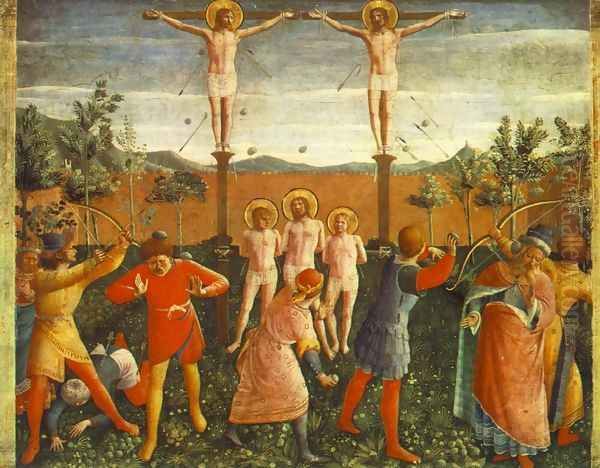 Saint Cosmas and Saint Damian Crucifixed and Stoned 1438 Oil Painting by Angelico Fra