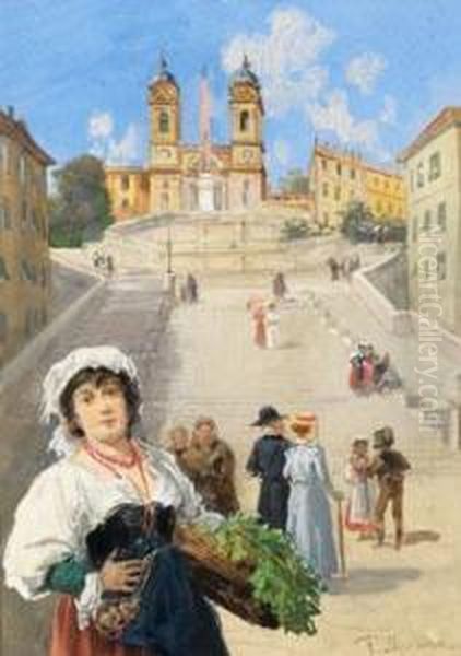 Strasenszene Mit Italienerin Vor Der Spanischen Treppe In Rom Oil Painting by Franz Skarbina