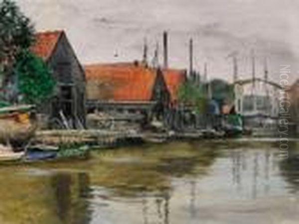 Ansicht Von Dordrecht Mit Bootswerften Am Ufer Oil Painting by Franz Skarbina