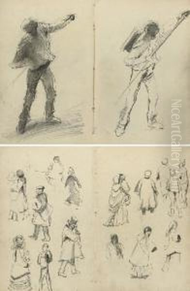 A Sketchbook Of Twenty-nine Pages With Studies Of Figures And Compositions Oil Painting by Franz Skarbina