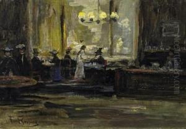 In The Cafe. Study. Signed Lower Left: F. Skarbina Oil Painting by Franz Skarbina