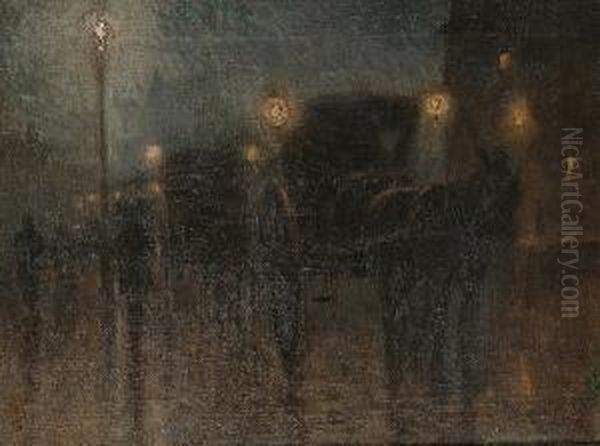 Horse And Coach In A Moonlit Street Oil Painting by Franz Skarbina