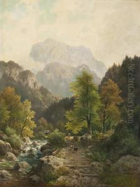 Gebirgslandschaft Mitweidevieh Auf Einem Weg Am Fluss Oil Painting by Ludwig Skell