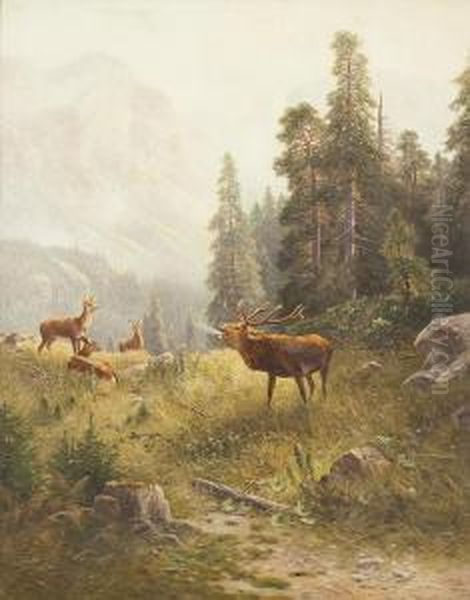 Gebirgslandschaft Mithirsch In Der Brunft Oil Painting by Ludwig Skell