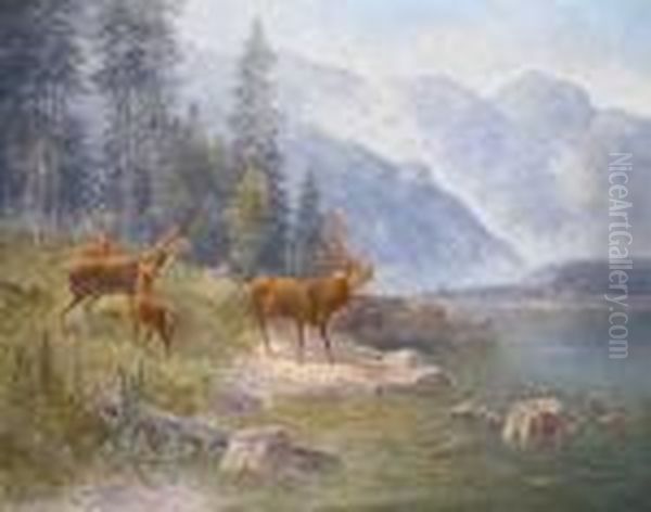 Rotwild Am Seeufer Oil Painting by Ludwig Skell