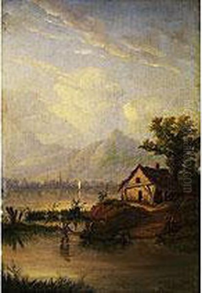 Uferlandschaft An Einem Bayerischen See Oil Painting by Ludwig Skell