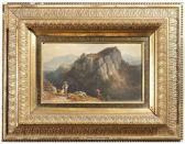 Shepherd Inmountainous Landscape Oil Painting by Ludwig Skell